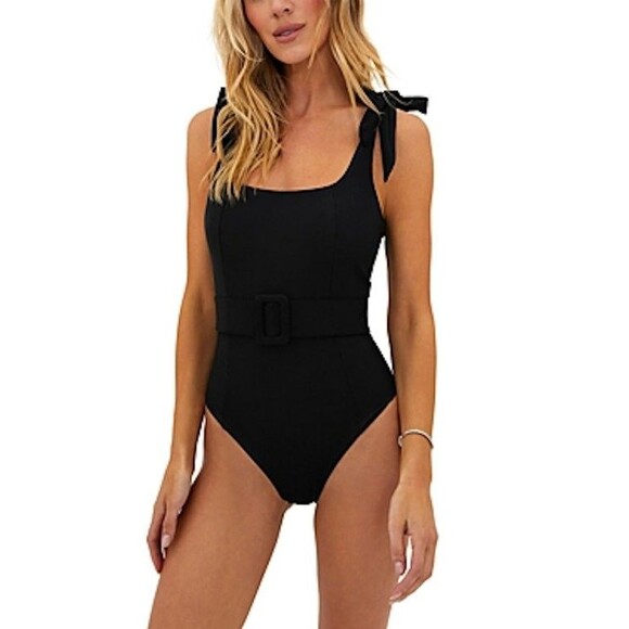 Beach Riot Swimsuit Womens XL Solid Black Ribbed One Piece Tie Shoulder Made USA - Picture 1 of 11